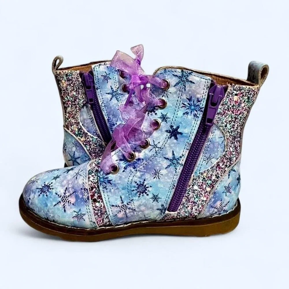 Little Penguin Shoes Kids Snowflake Glitter Lace Up Zip Boots Blue Purple 4-5Y